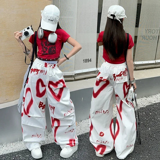 summer junior Girls Love Graffiti Casual Pants teenager girl Casual Hip Hop cargo pants kids Dance pants children clothes SS69