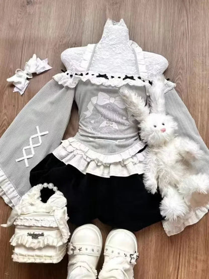 Japanese Sweet Preppy Style 2 Piece Set Women Kawaii Lace Patchwork Bow Tops + Y2k Plaid Mini Skirt Elegant Fashion Outifits New SS69 25.69 814 Sets / L