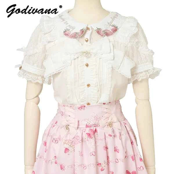 Japanese New Liz Plaid Bow Lolita Strawberry Embroidered Short Sleeve Shirt Women's Spring Summer Sweet Blouse Shirts