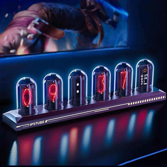 USB Powered RGB Nixie Tube Clock with IPS Color Screen, Corded Electric Aluminum Oval Alarm Clock with Charging Port, Metal Fram