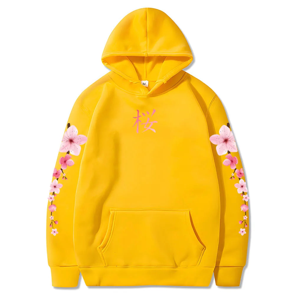 Japanese Blossom Sakura Graphic Hoodies Long Sleeve Winter Hooded Sweatshirts Casual Women/Men Comfortable Pullovers with Pocket SS69 20.69 yellow / XL