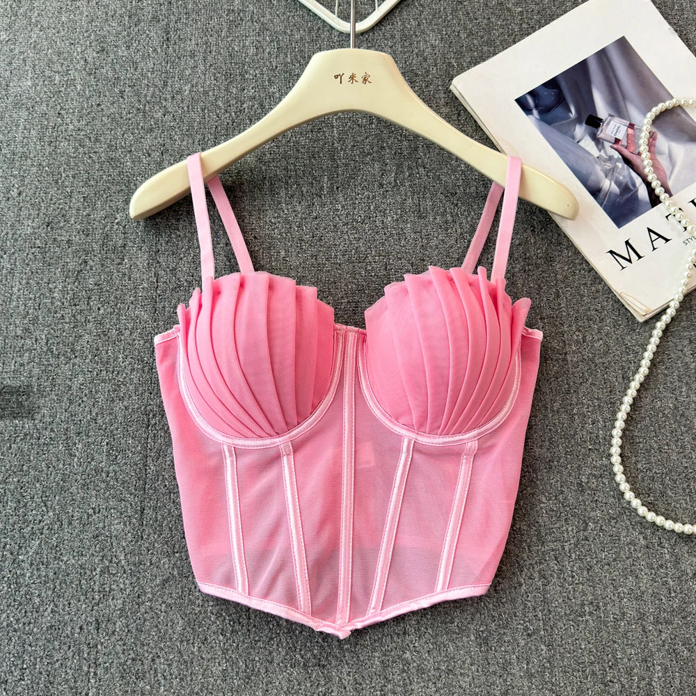 korean fashion mesh summer Fashion fishbone camis Corset  Slim Hotsweet Tank Top Women sweet crop top SS69 23.69 Pink / 36
