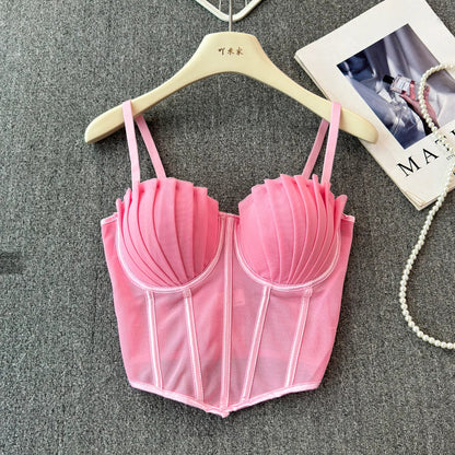 korean fashion mesh summer Fashion fishbone camis Corset  Slim Hotsweet Tank Top Women sweet crop top SS69 23.69 Pink / 36