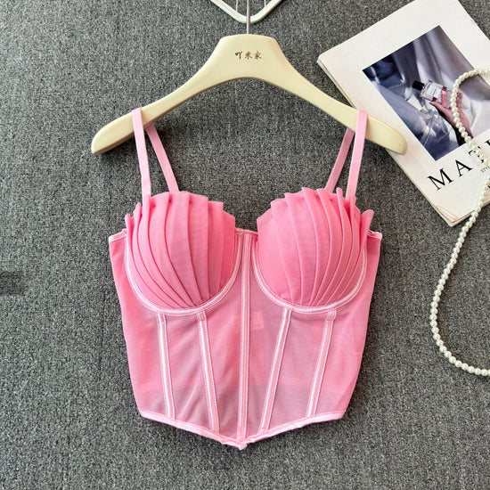 korean fashion mesh summer Fashion fishbone camis Corset  Slim Hotsweet Tank Top Women sweet crop top SS69 23.69 Pink / 36