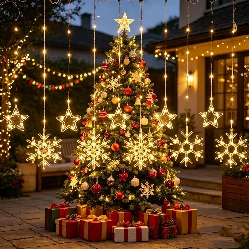 Christmas Curtain Lights LED String Lights with Tree Snowflake Star Deer Bell USB Remote 8 Modes Home Decor