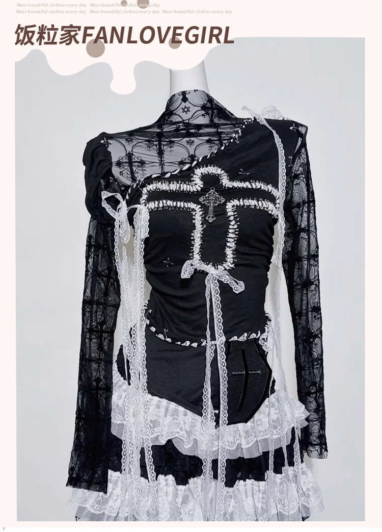 Original Design Punk Rock Cross Patch Long Sleeve Slash Tshirt Gothic Women Subculture Lace Ruffled Holloween Tee Tops Clothing SS69