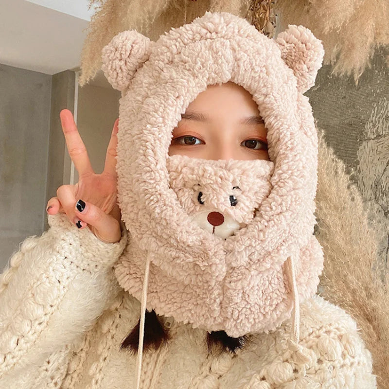 Winter Cartoon Hat With Mask Bear Lamb Beanie Hats Warm Thickened Ear Protection Skullies Beanies for Women Girl Kawaii SS69