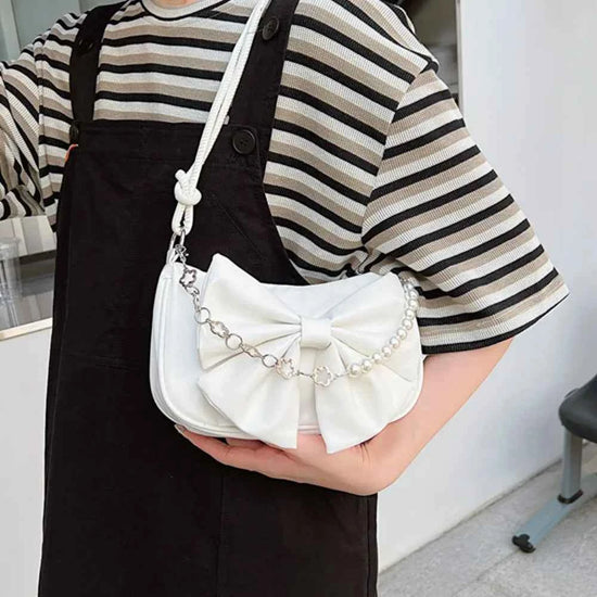 Trendy Pearl Bow Shoulder Bag Underarm Bag Daily Commuting Bag Casual Handbag Solid Business Women's Bag
