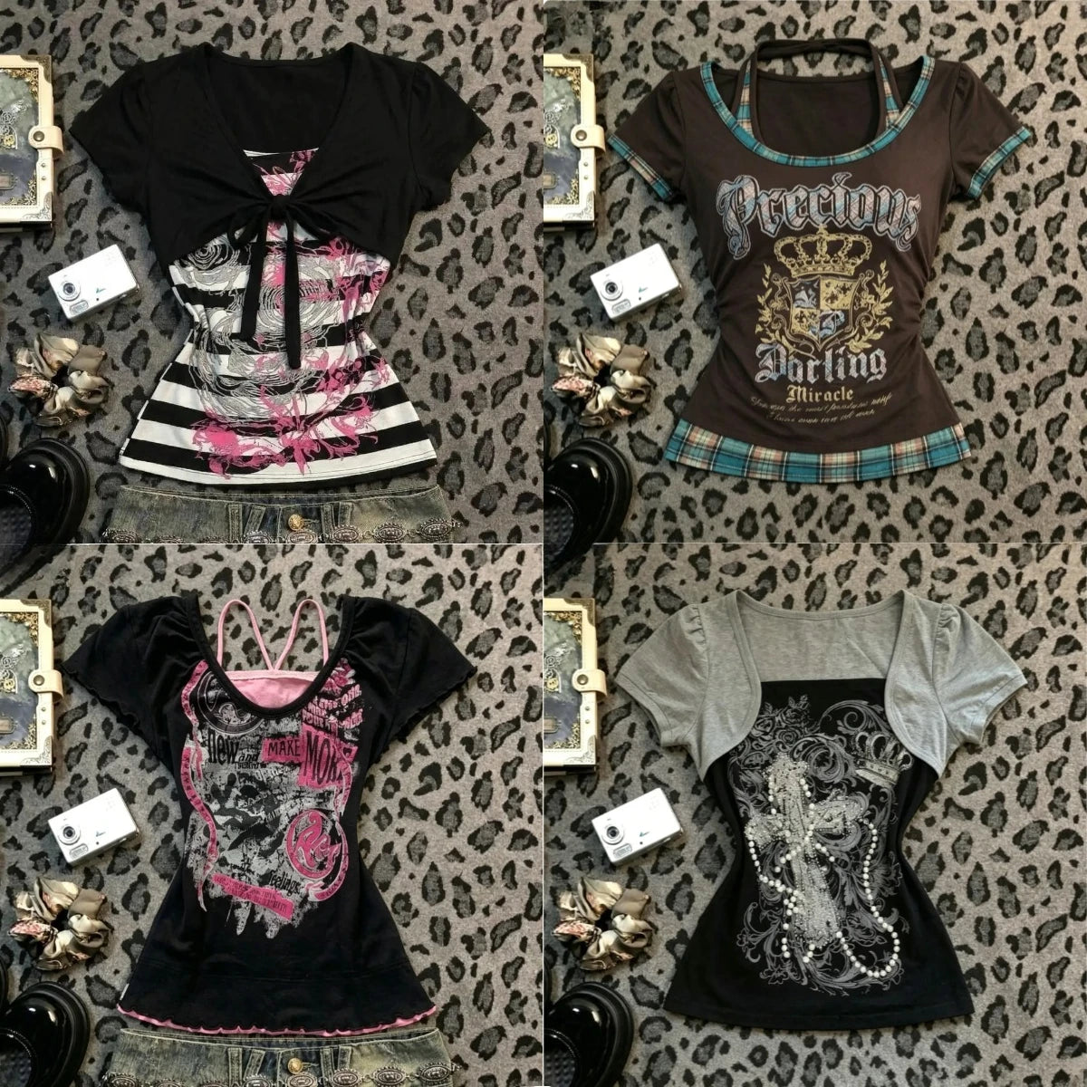 Harajuku Gothic Punk Short Sleeve T-shirts Women Subculture Printed Y2k Crop Top Tees Summer Casual American Vintage T Shirts