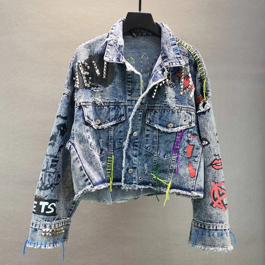 Women Diamonds Beaded Letters Graffiti Denim Coat Holes Rivets Tassels Jeans Bomber Jacket Casual Eyelet Cowboy Cardigan Jaqueta SS69