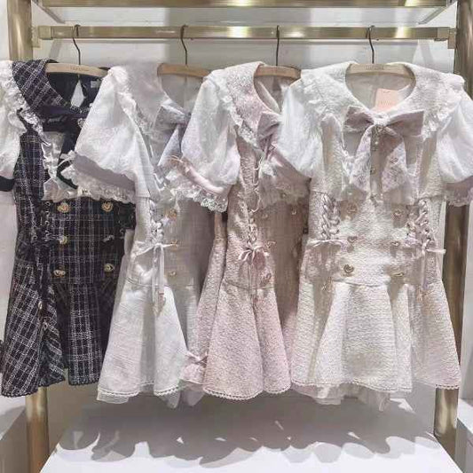 Japanese Mine Mass-Produced Short-Sleeve Shirt Dress Shorts Set Women Sweet Liz Doll Collar Bow Shirt Dress Two-Piece Suit