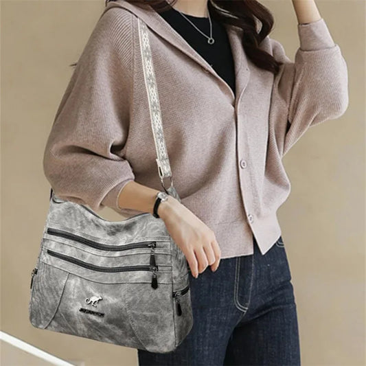 FXZLLQCN Vintage Faux Leather Multi-Layer Crossbody Bag with Zipper Closure