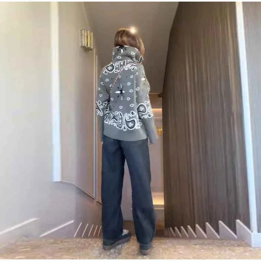 Warm Printed High Collar Knit Cardigans Women Contrast Jacquard Zipper Full Sleeve Pocket Sweater 2026 Spring Lady Chic Knitwear