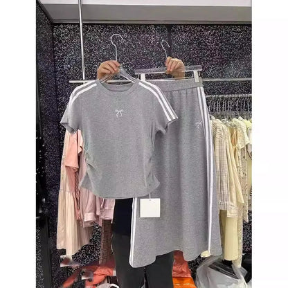 Oversized summer bow embroidery set women's short sleeve T-shirt + high Fanny pack hip skirt two-piece set SS69