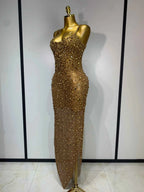 Luxury Rhinestones Sexy Mesh See Through Bodycon Dress Women Birthday Evening Cocktail party Gown Red Carpet Club Stage Outfit