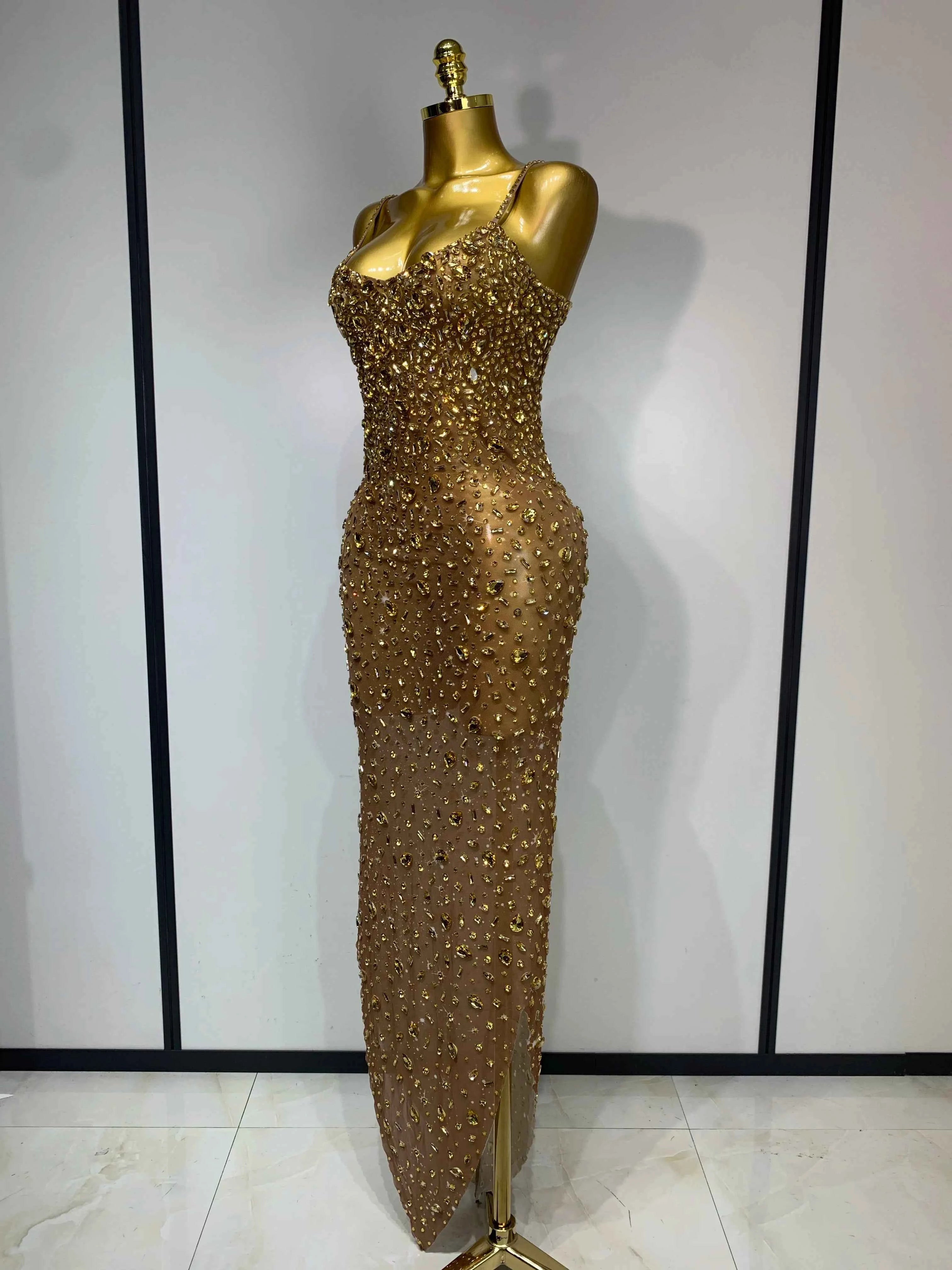 Luxury Rhinestones Sexy Mesh See Through Bodycon Dress Women Birthday Evening Cocktail party Gown Red Carpet Club Stage Outfit