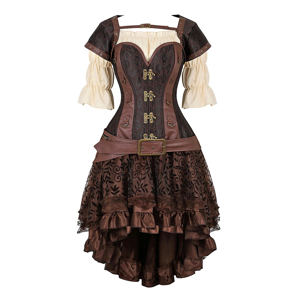 Brown Pirate Dress Plus Size Faxu Leather Steampunk Corset Dress with Shoulder Off Blouse Cosplay Pirate Costume for Women SS69 89.69 Brown 4 / 4XL