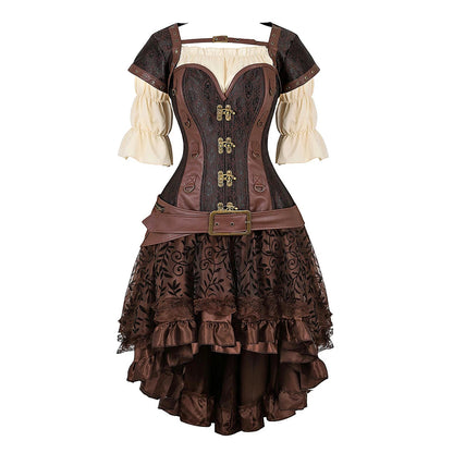 Brown Pirate Dress Plus Size Faxu Leather Steampunk Corset Dress with Shoulder Off Blouse Cosplay Pirate Costume for Women SS69 89.69 Brown 4 / 4XL
