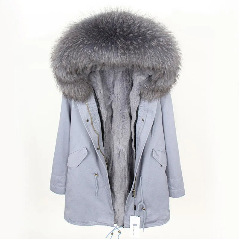 Maomaokong Winter Women Parka Cotton Jacket Real Fur Coat Natural Fox Fur Hooded Rabbit Fur Liner Thick Warm Outerwear Female