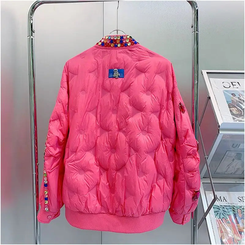 Winter Ruffles Mesh Stitching Rainbow Diamonds Parkas Jacket Gauze Pleated Gemstones Cotton-padded Coat Zippers Crystal Outwear SS69