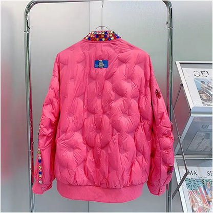 Winter Ruffles Mesh Stitching Rainbow Diamonds Parkas Jacket Gauze Pleated Gemstones Cotton-padded Coat Zippers Crystal Outwear SS69