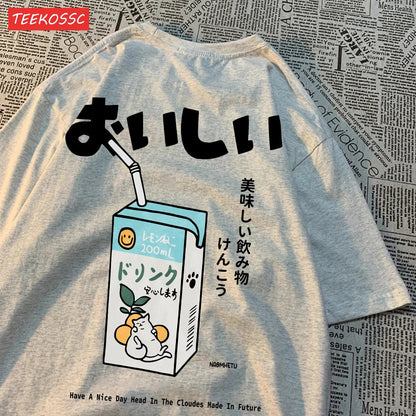 Cute Japanese Cat Print Oversized T-shirt Women Men Short Sleeve Loose Casual Tee Shirt Streetwear Tops Cotton Harajuku Clothing SS69 12.69 Gray / M
