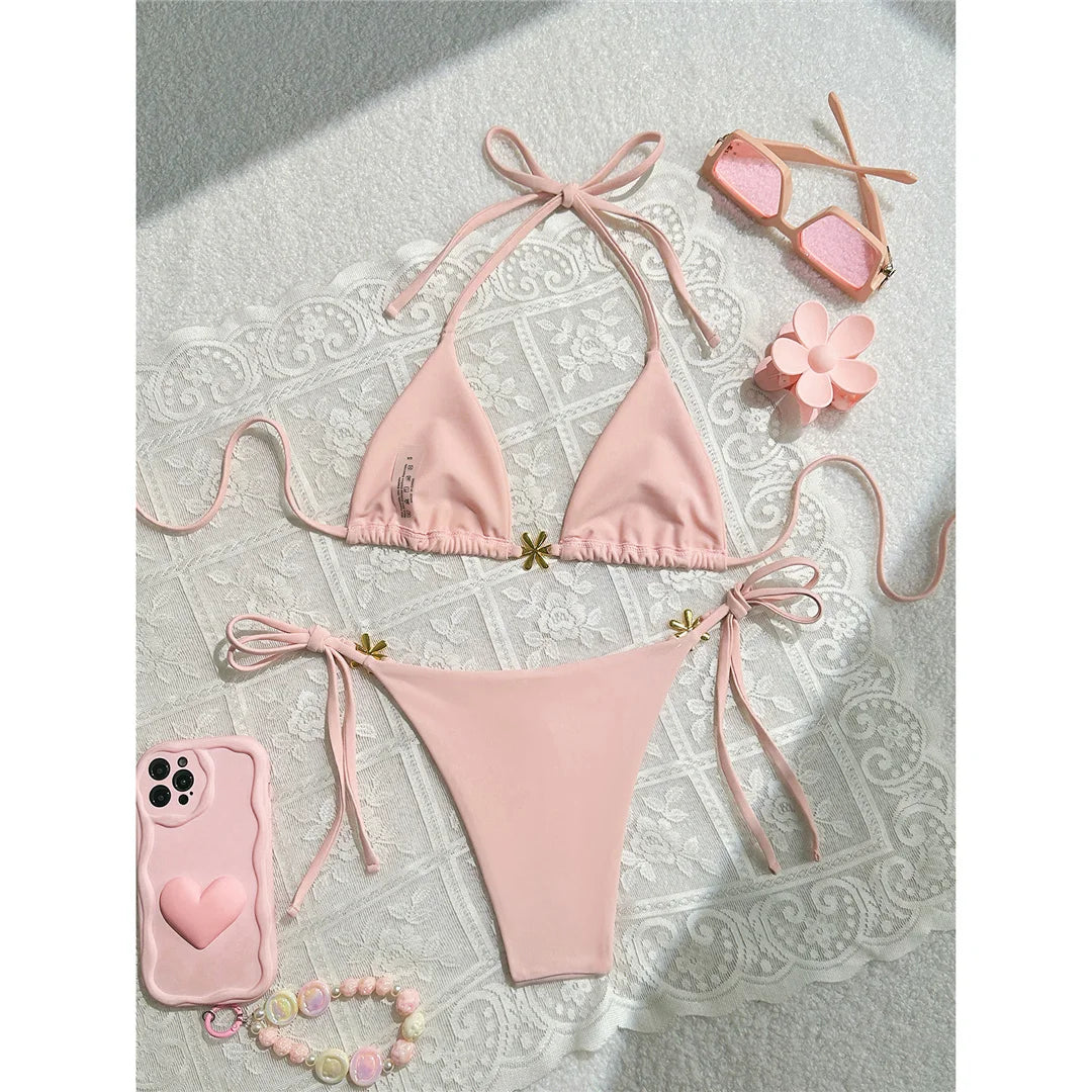S - XL Metal Flower Halter Strappy Bikini Female Swimsuit Women Swimwear Two-pieces Bikini set Bather Bathing Suit Swim V6504 SS69