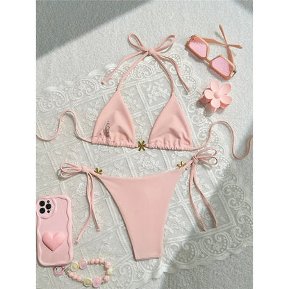 S - XL Metal Flower Halter Strappy Bikini Female Swimsuit Women Swimwear Two-pieces Bikini set Bather Bathing Suit Swim V6504 SS69