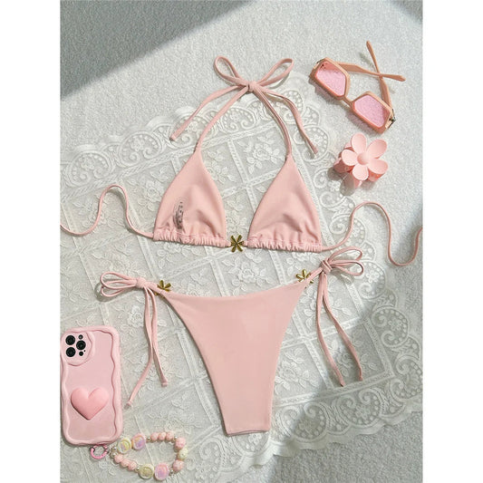 S - XL Metal Flower Halter Strappy Bikini Female Swimsuit Women Swimwear Two-pieces Bikini set Bather Bathing Suit Swim V6504 SS69