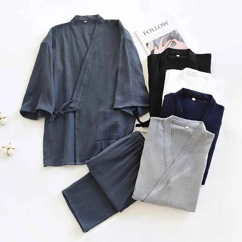Large Size Kimono Robes with Pocket and Long Pants 2 Pcs Pajamas Set for Men Sleepwear Clothes Cotton Pjamas for Men