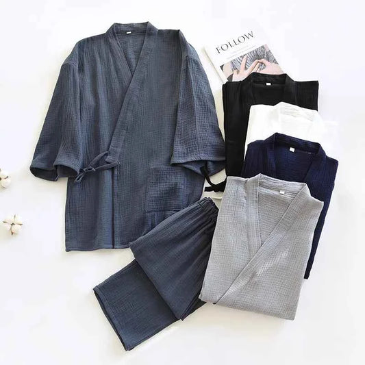 Large Size Kimono Robes with Pocket and Long Pants 2 Pcs Pajamas Set for Men Sleepwear Clothes Cotton Pjamas for Men