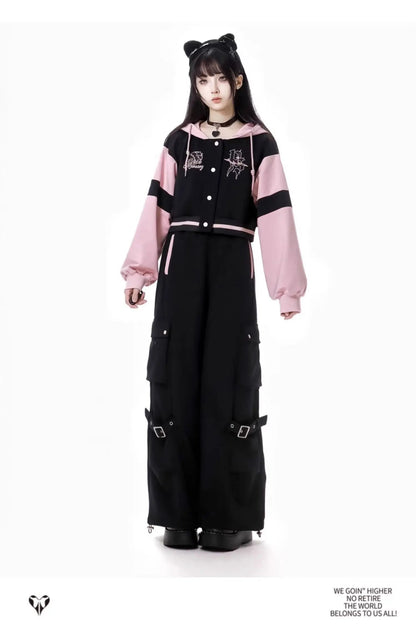 Sweet Cool Embroidery Pink Black Hoodies Baseball Slim Zipper Women Sweatshirt Jacket Loose Casual Trousers Sweet Mini Skirt Set SS69