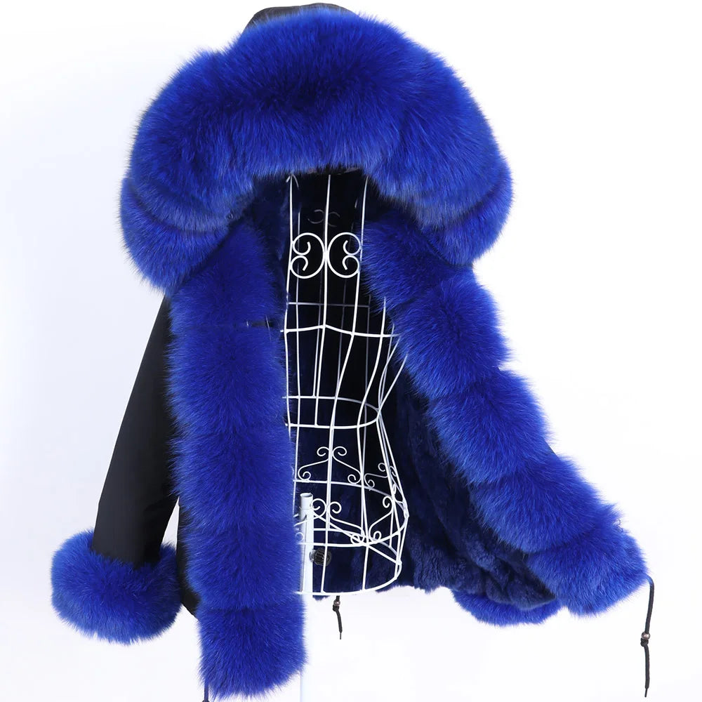 Maomaokong Winter Women Parka Cotton Jacket Real Fur Coat Natural Fox Fur Hooded Rabbit Fur Liner Thick Warm Outerwear Female
