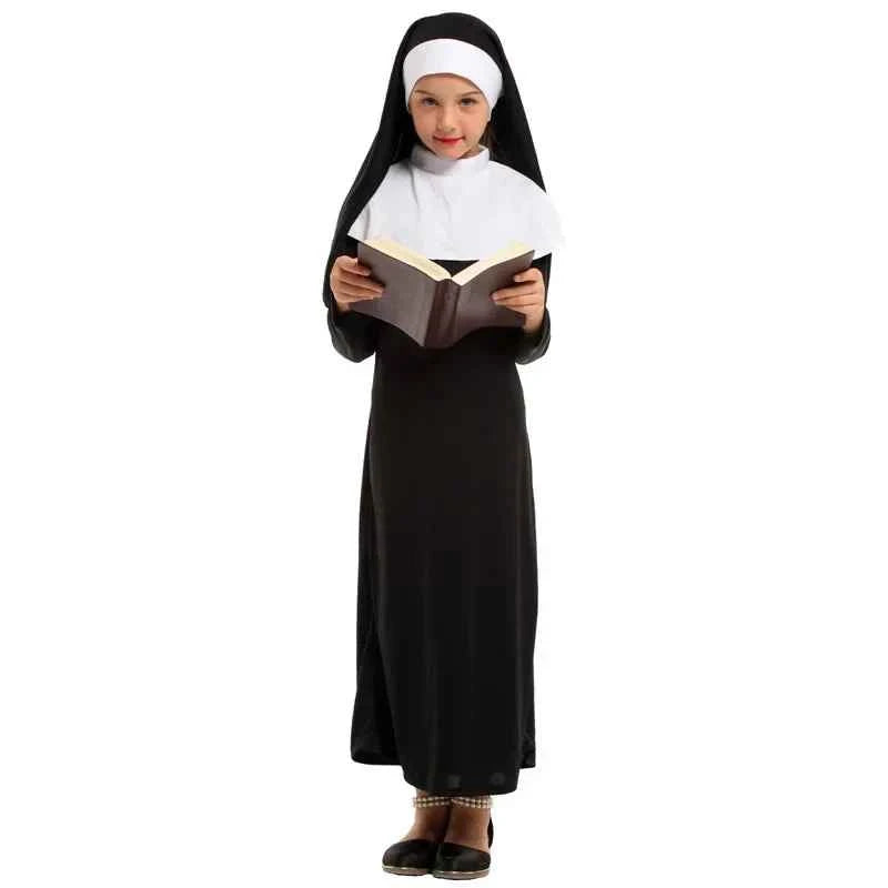Girls Black Nun Costume Child Halloween Catholic Religion Missionary Fantasy Fancy Dress for Book Week Purim Party