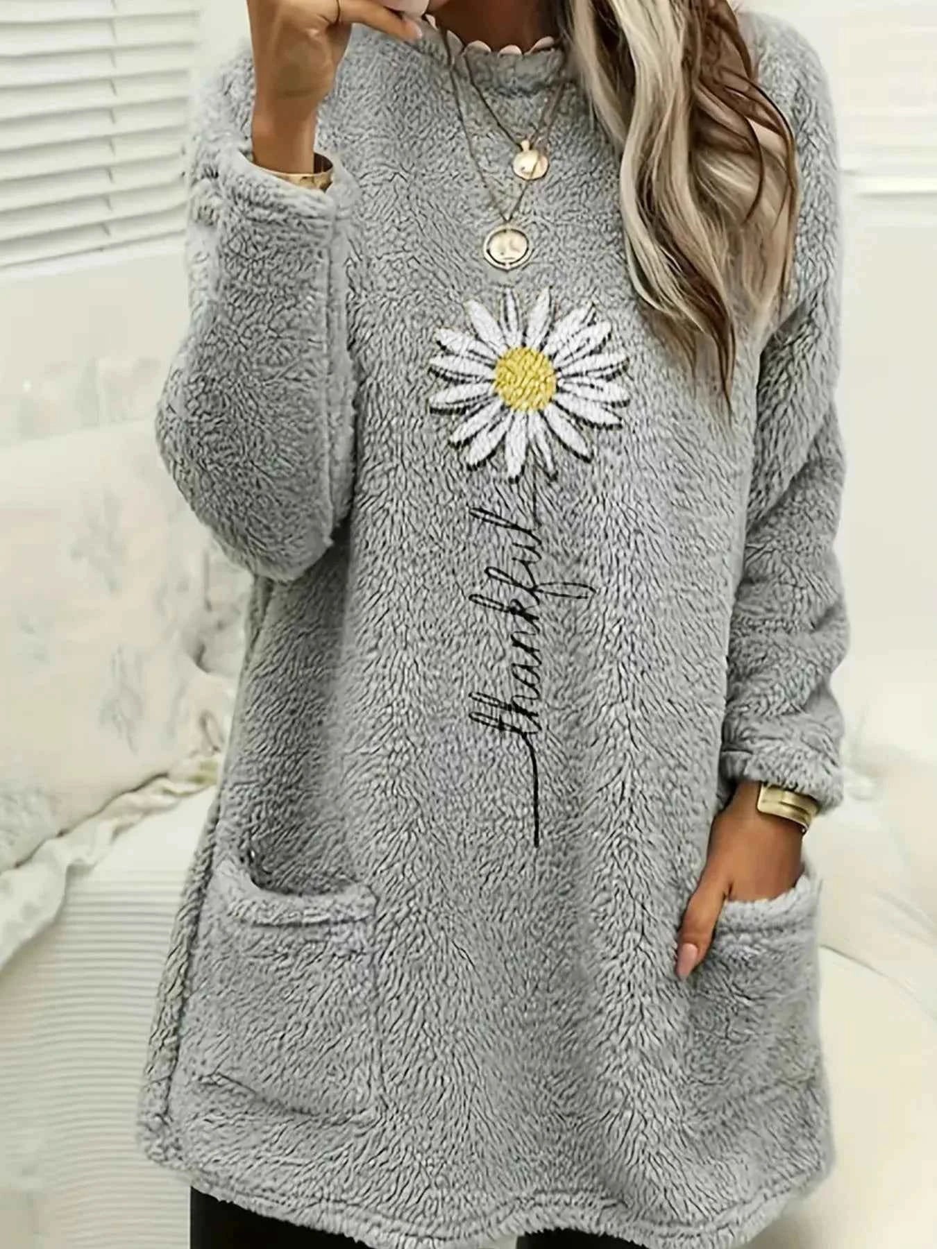Plus-size European and American cross-border  autumn and winter new casual print pocket plush sweatshirt