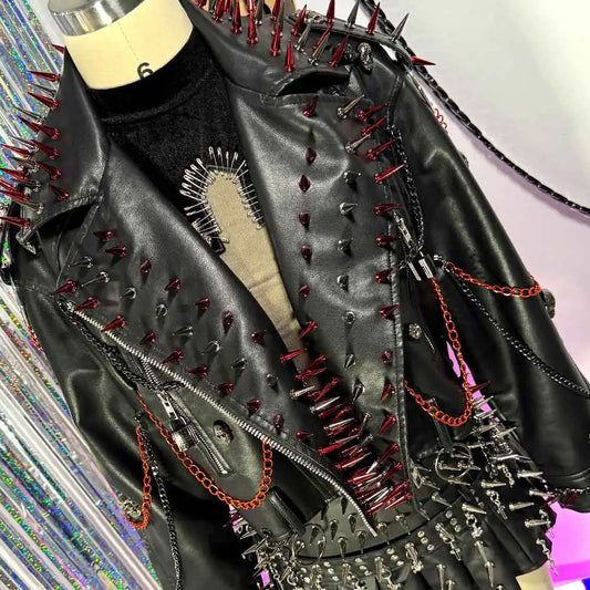 Women's Y2K Goth PU Leather Jacket Gothic Boho Emo Clothing with Spikes Punk Rock Grunge Festival Coat for Teens Spiked Clothes