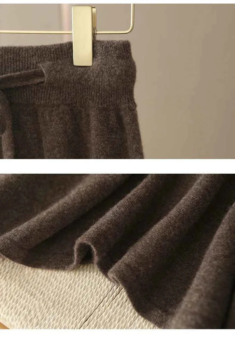 Autumn And Winter100% Pure Wool Skirt Women's Long Pocket Small A Skirt High Waist Slim Cashmere Knit A-Line Skirt