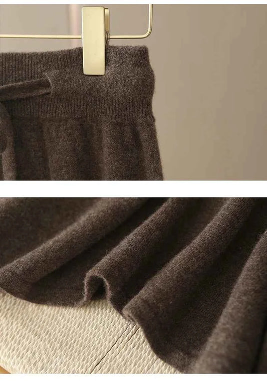 Autumn And Winter100% Pure Wool Skirt Women's Long Pocket Small A Skirt High Waist Slim Cashmere Knit A-Line Skirt