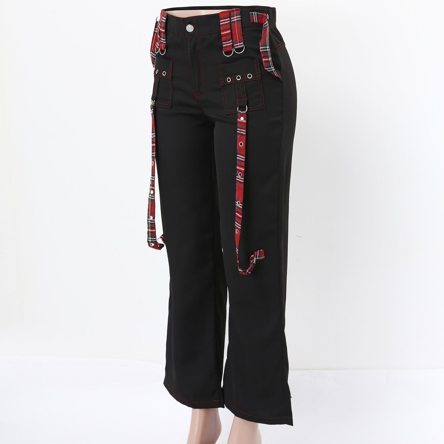 Streetwear Gothic Pants Women High Waist Y2k Punk Harajuku Red Plaid Ribbon Cargo Pants Summer Spring Slim Flare Pants Vintage SS69