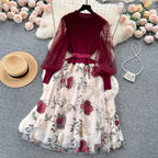 SINGREINY Senior Knitted Patchwork Dress Long Lantern Sleeves Bow Mesh Embroidery Floral Women Autumn France Elegant Party Dress