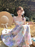 French Elegant Floral Strap Dress Women Sweet Beach Style Korean Fashion Clothing Evening Party Vintage Midi Dress Evening Party