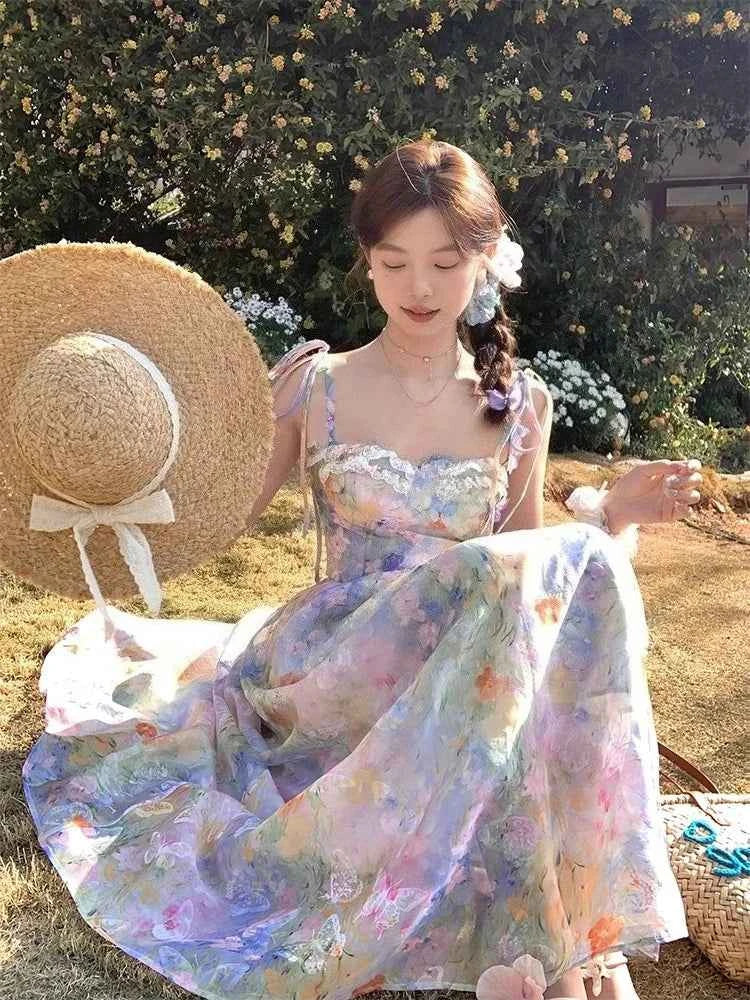 French Elegant Floral Strap Dress Women Sweet Beach Style Korean Fashion Clothing Evening Party Vintage Midi Dress Evening Party