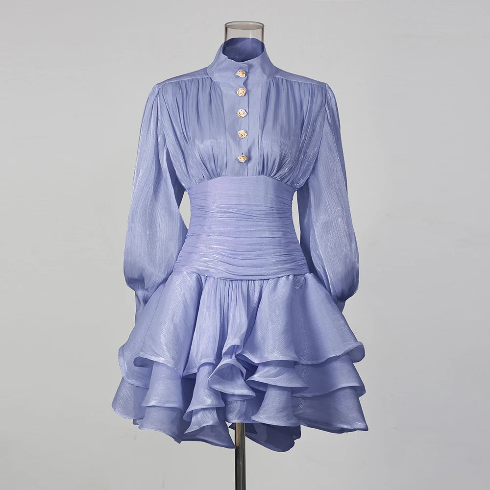 TWOTWINSTYLE Solid Spliced Ruffles Dress Female Stand Collar Long Sleeve Loose French Elegant Women's Dresses Autumn Fashion New