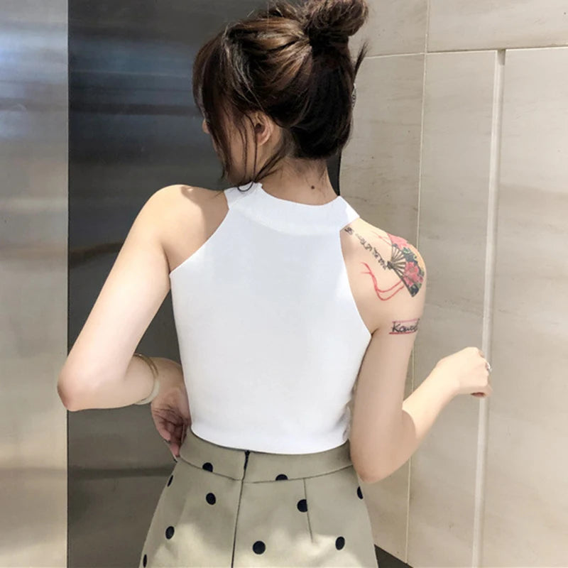 Retro Zipper Crop Tops Women Short Knitted Camisole Sleeveless Leisure Tank Top Camis Summer 2022 New SS69
