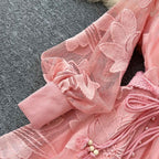 SINGREINY Women Elegant Floral Emboridery Dress Hollow Out Long Sleeve Single Breasted Belt French Court Chic Short A Line Dress