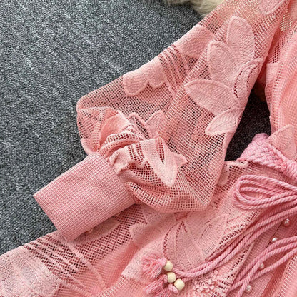 SINGREINY Women Elegant Floral Emboridery Dress Hollow Out Long Sleeve Single Breasted Belt French Court Chic Short A Line Dress