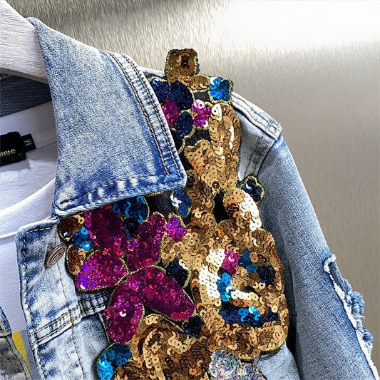 Retro Diamonds Embedding Floral Embroidery Denim Coat Spring Flowers Sequins Appliques Slim Jeans Jacket Cowboy Cardigan Jaqueta SS69