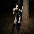 Punk Grunge High Split Hem Straps Dess 90s Streetwear Gown Women Sexy Corn Bandage Velvet Dresses Mall Gothic Clothing
