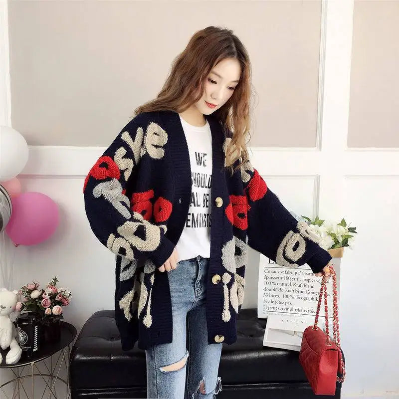 Women's Loose Knit Cardigan Sweater - V-Neck Button Front