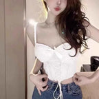 Thai Niche Style Halter Sexy Top & Vest Set Lace Boned Underbust Crop Top Pure Sweet Look Summer Fashion Layering Set UK MOYISU